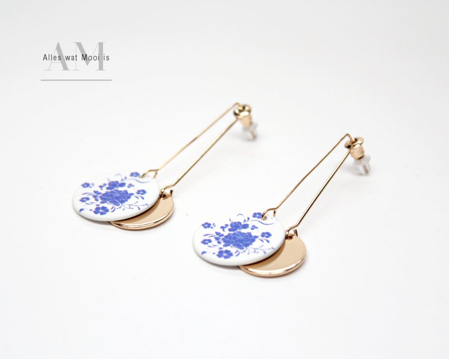 Vintage Golden Blue & White Floral Earrings