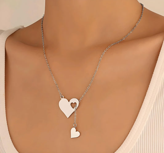 Silver Stainless Steel Double Heart Necklace