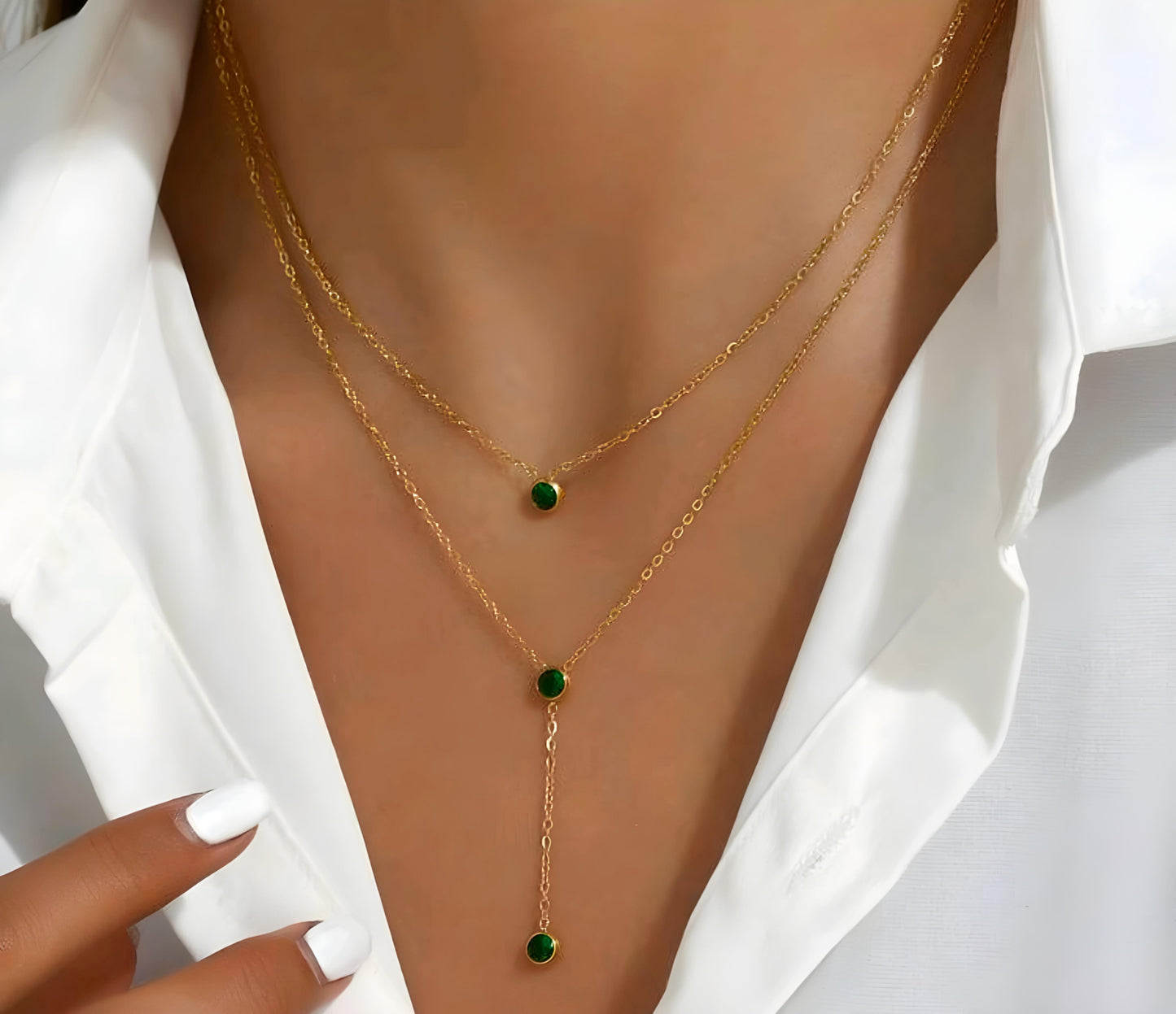 Green Zirconium Multi-layered Stainless Steel Necklace