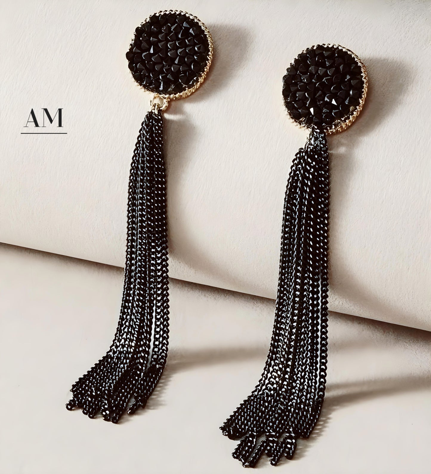 Black Rhinestone Tassle Earrings