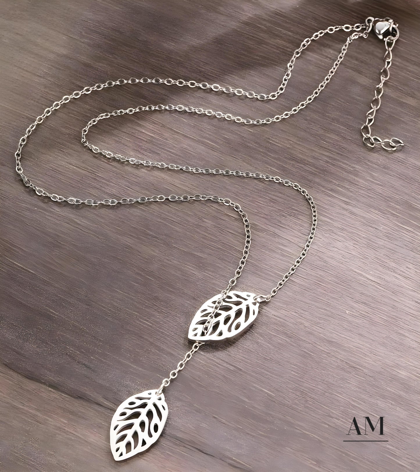 Silver Stainless Steel Double Leaf Necklace