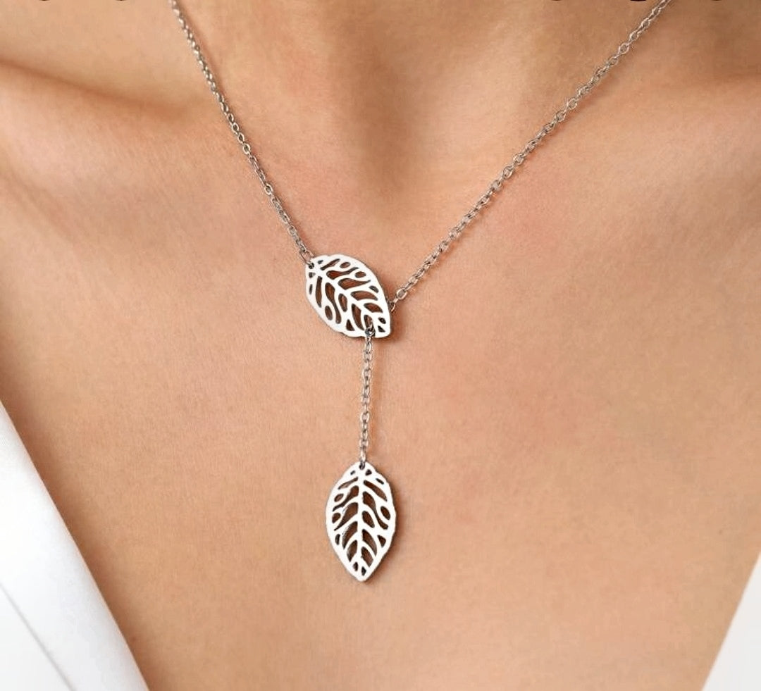 Silver Stainless Steel Double Leaf Necklace