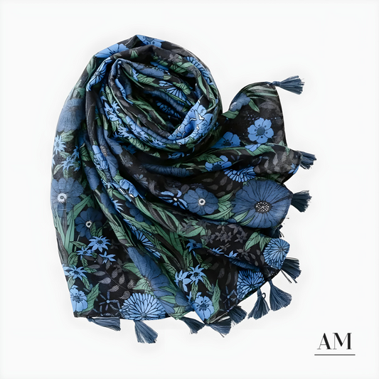 Blue & Green Floral Tassle Scarf