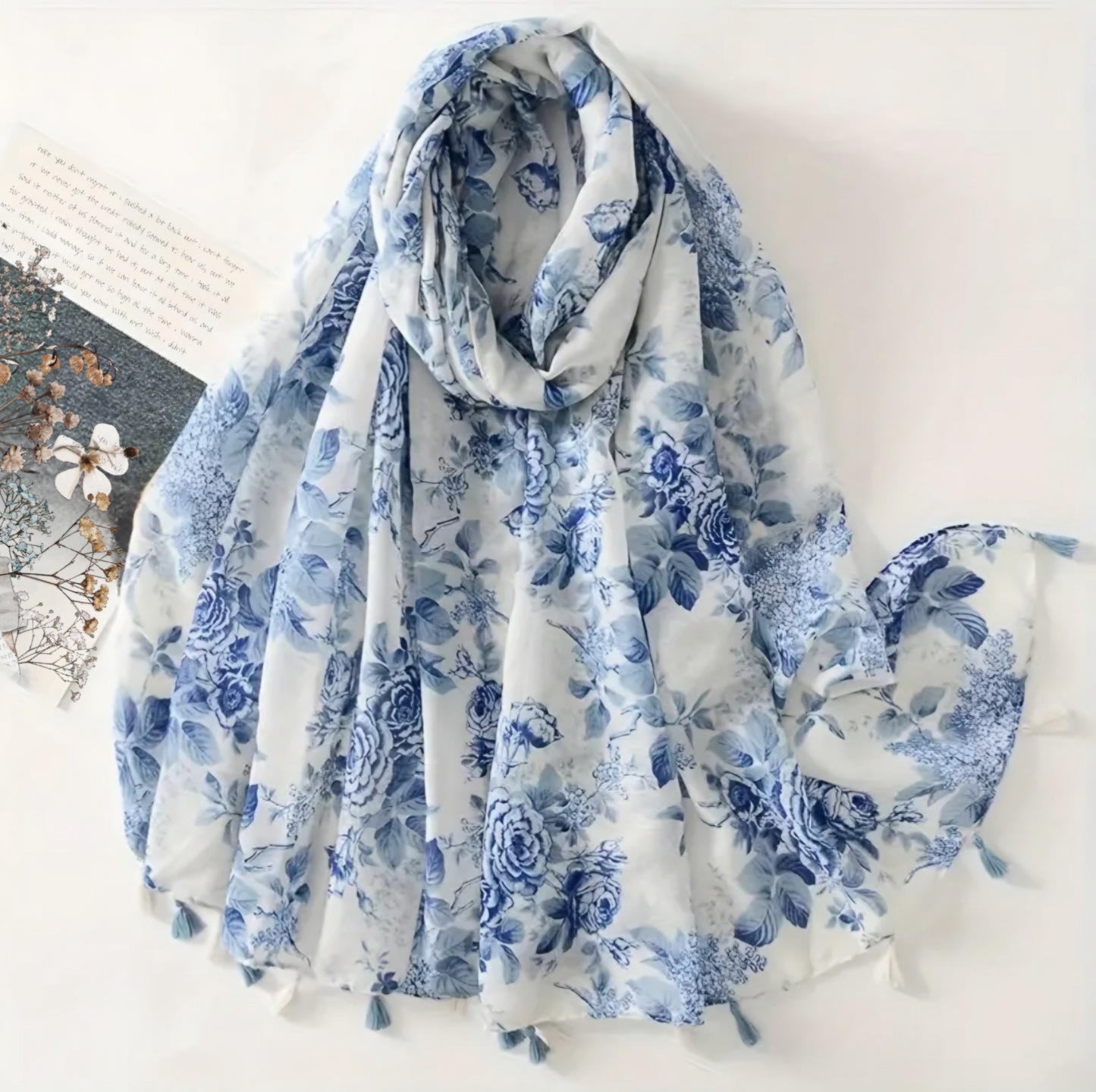 Vintage Blue Rose Tassle Scarf