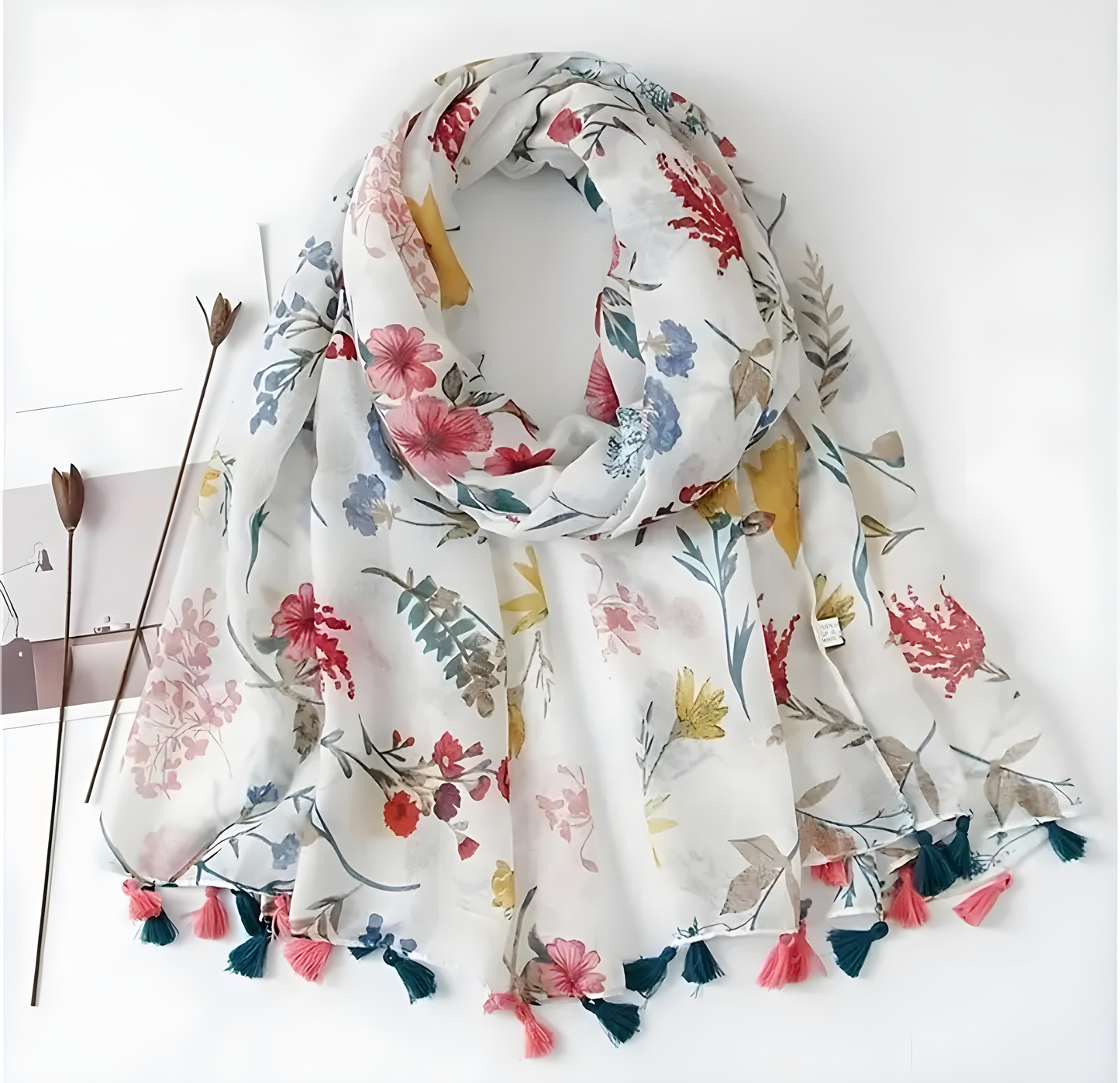 Multi Colour Floral Tassel Scarf