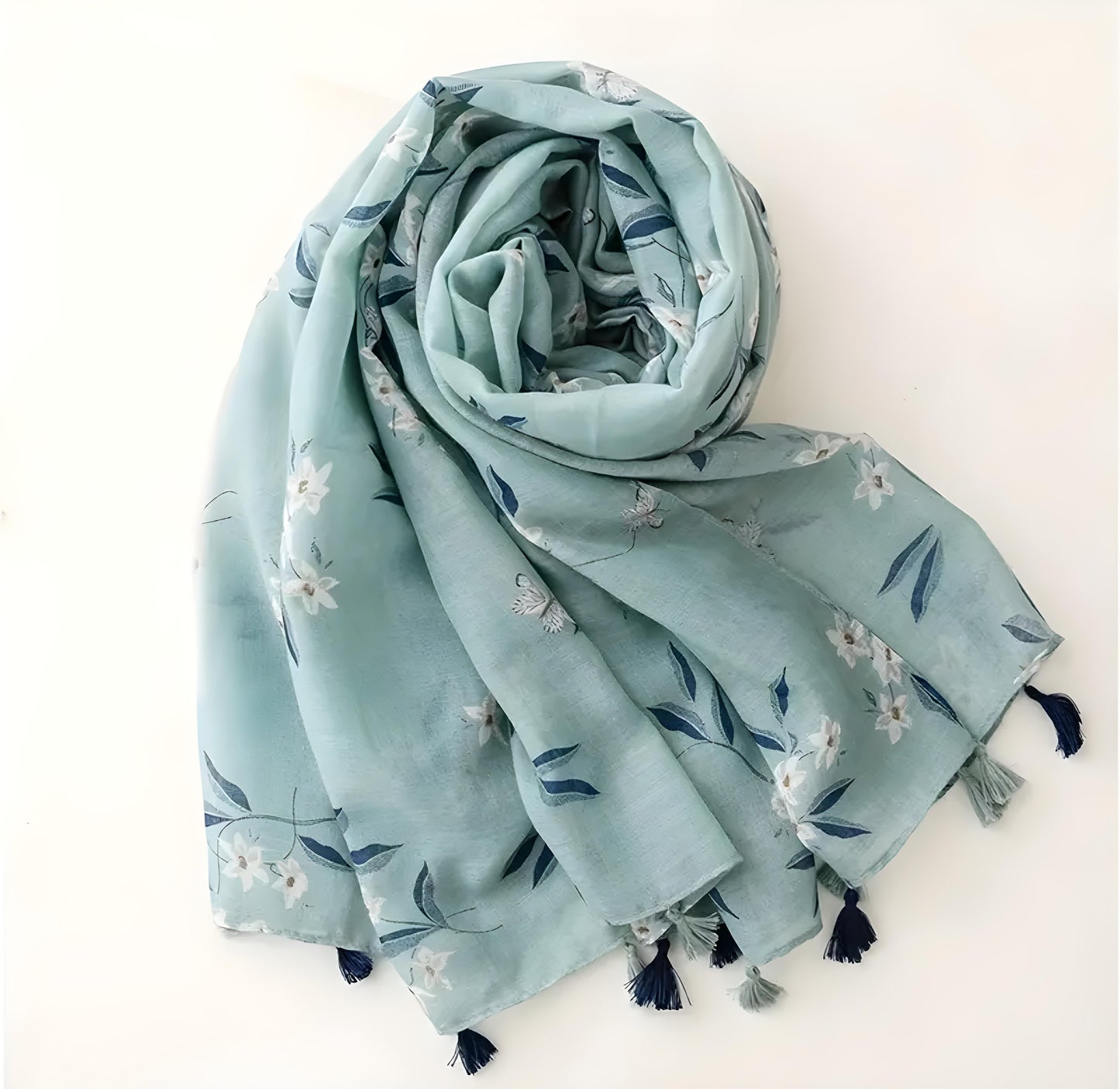 Teal Floral Tassle Scarf