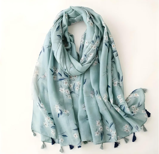 Teal Floral Tassle Scarf