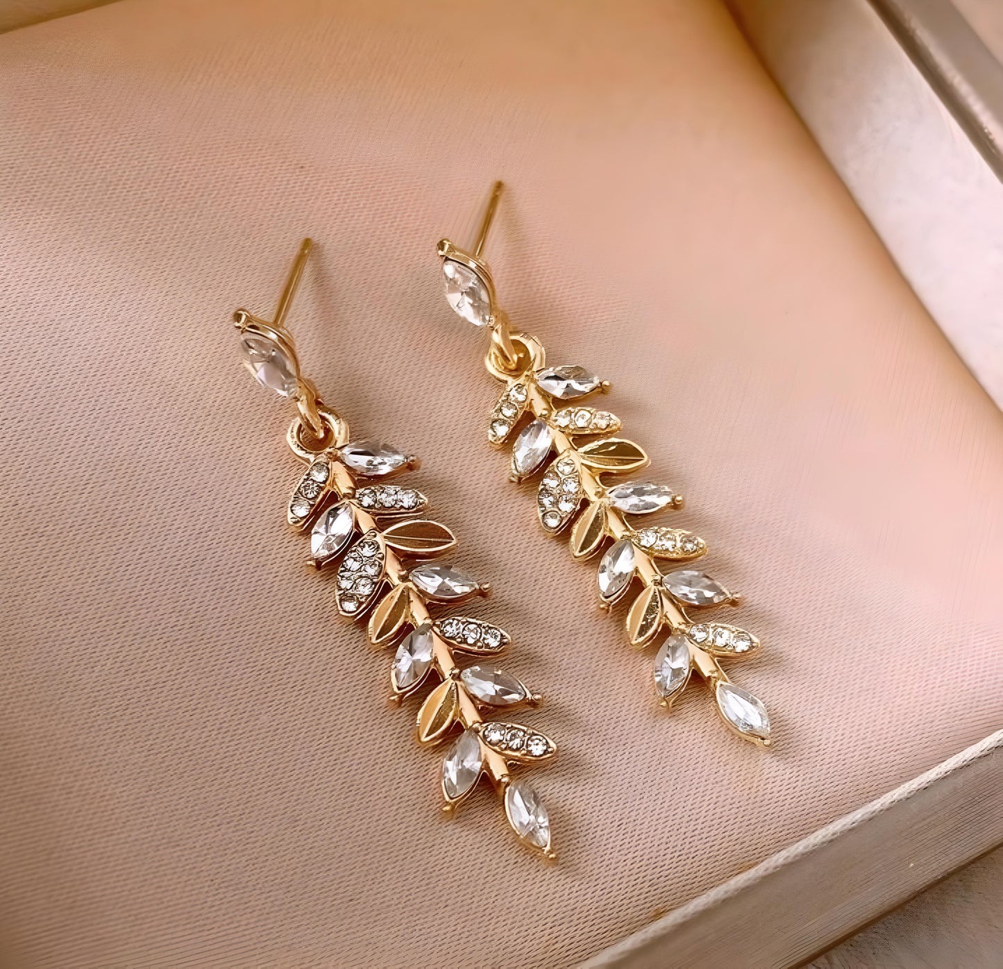 Golden Rhinestone Leaf Earrings