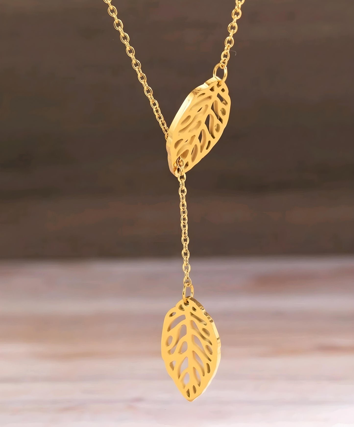 Gold Stainless Steel Double Leaf Necklace