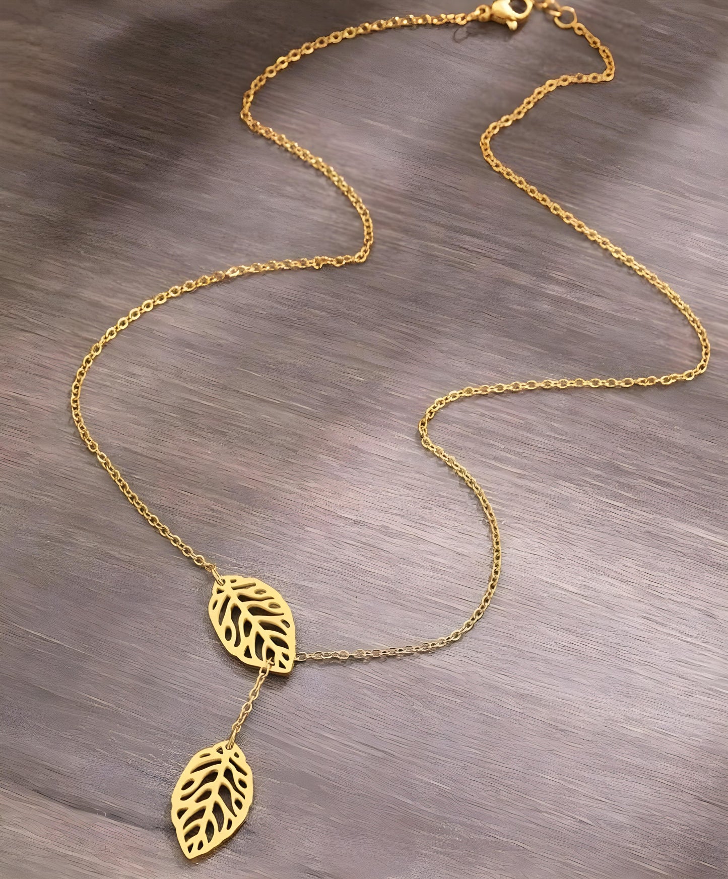 Gold Stainless Steel Double Leaf Necklace