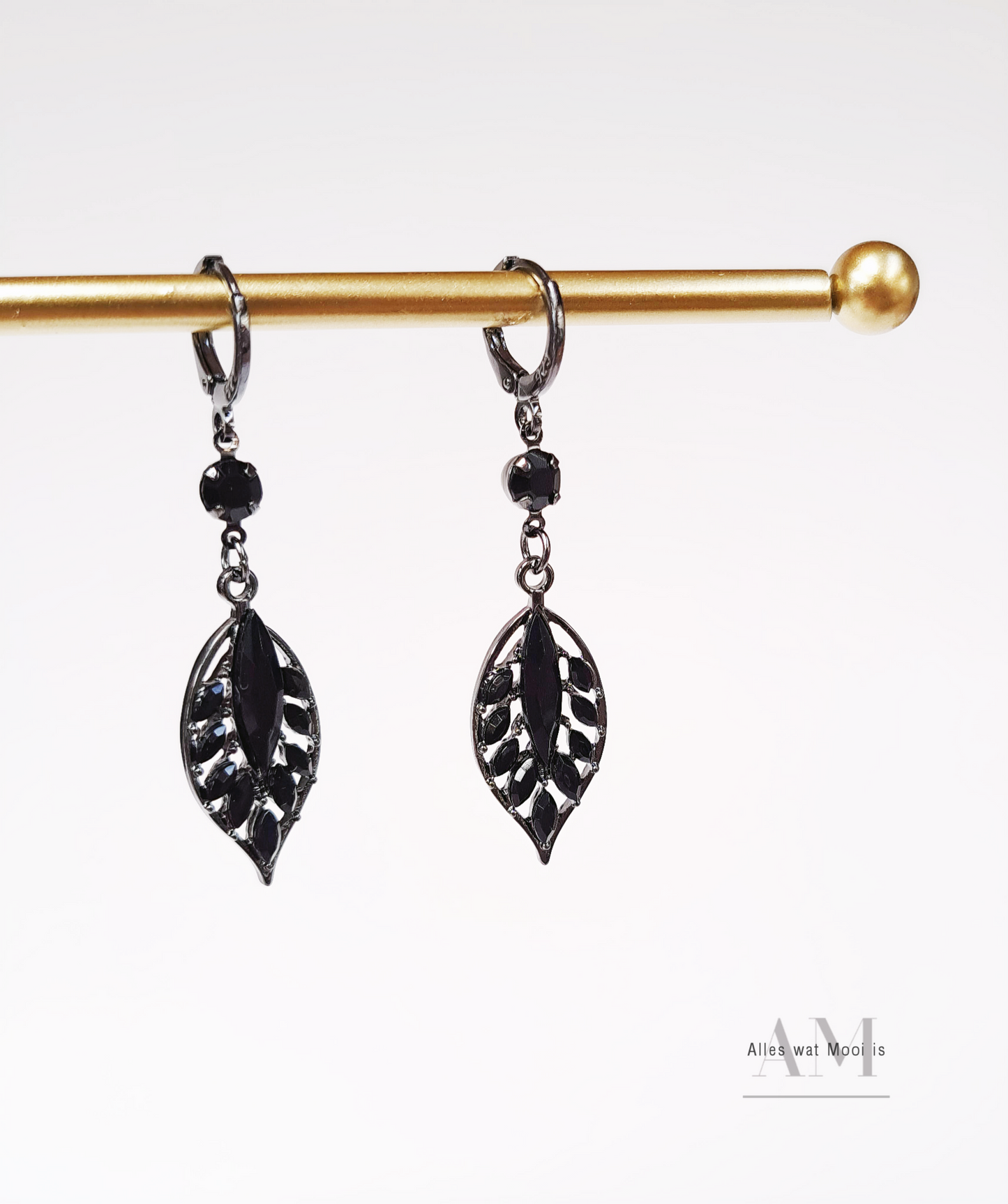 Black Diamante Leaf Drop Earrings