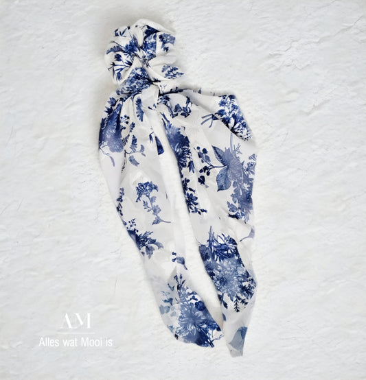 Blue & White Floral Scarf Scrunchie