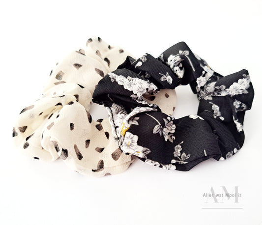 Black & Cream Pattern Scrunchie Set